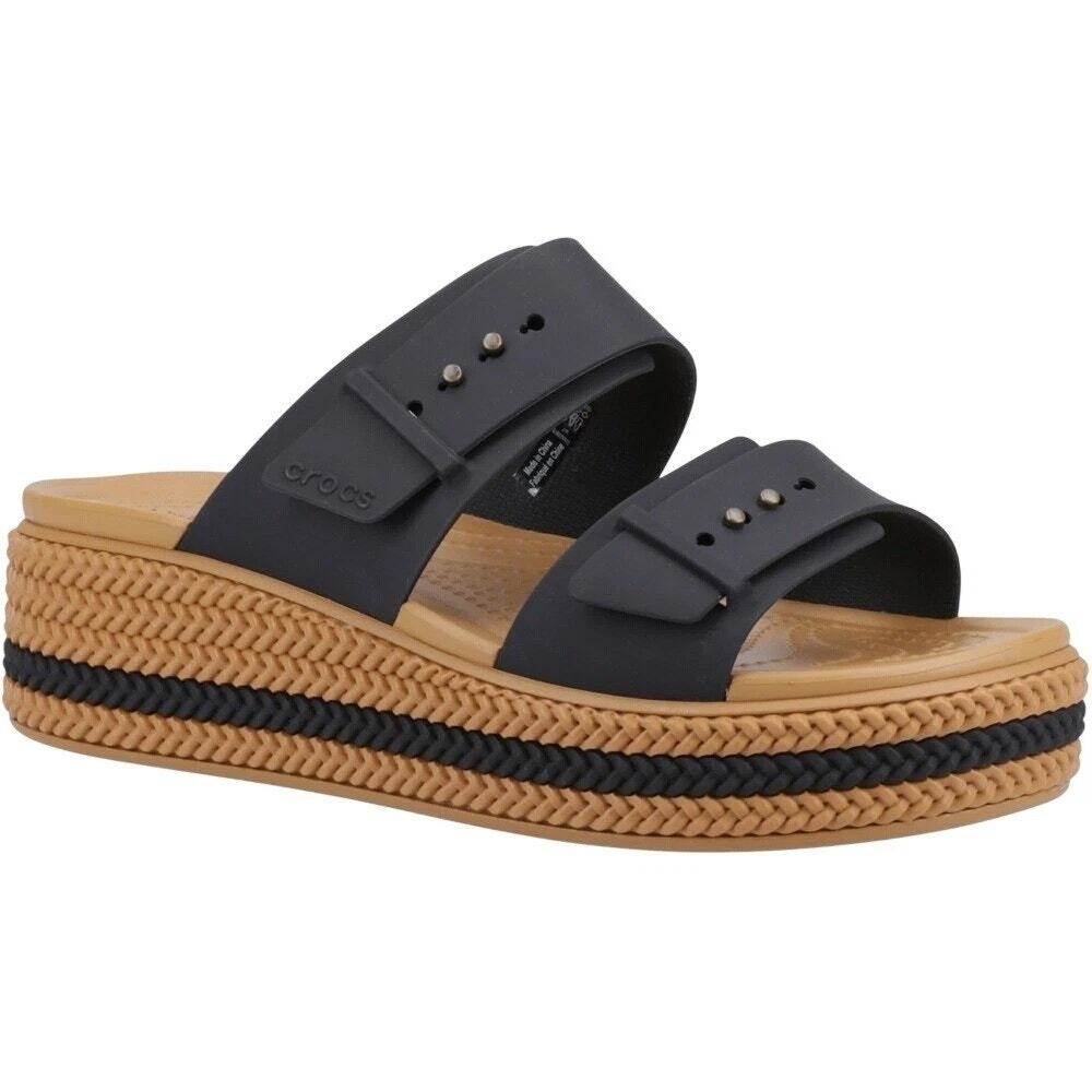 Crocs Womens Brooklyn Buckle Low Wedge Sandal in Black, Size 6